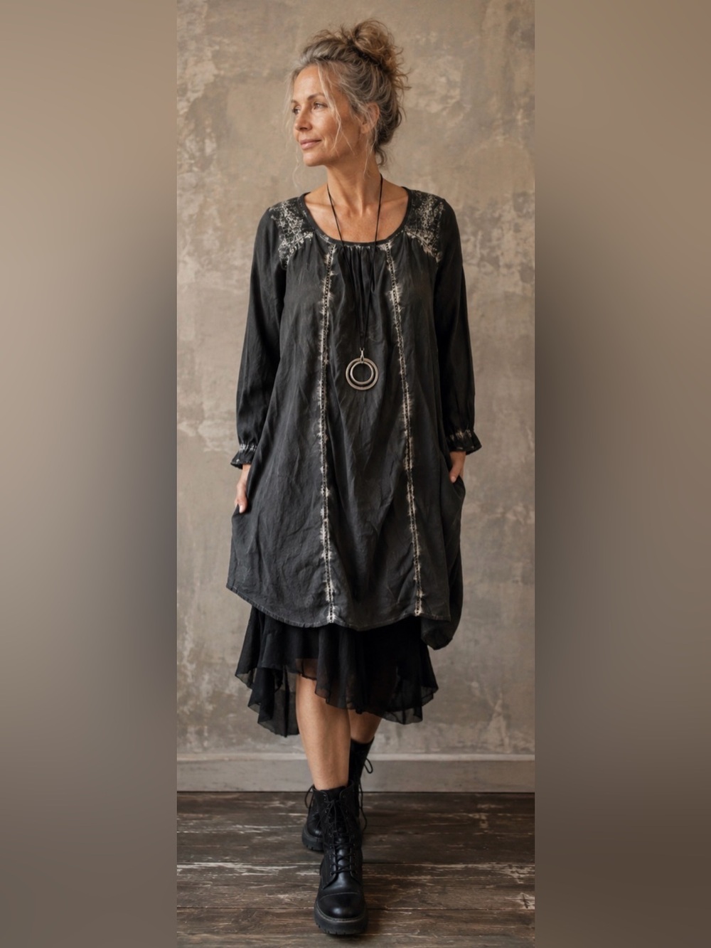 East Gray Lagenlook Boho Artsy Tunic Dress Tie Dye Lightweight Size M